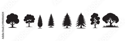 Collection of eight simple black silhouette icons representing diverse types of trees and pines