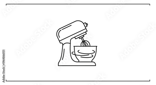 Modern minimalist line art illustration of a stand mixer actively blending ingredients in a bowl,