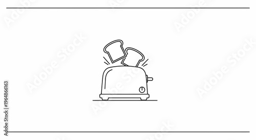 Minimalist line art illustration of a toaster with bread slices popping out for a fresh breakfast