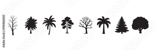 Eight various black silhouette tree icons including palm pine bare and leafy species