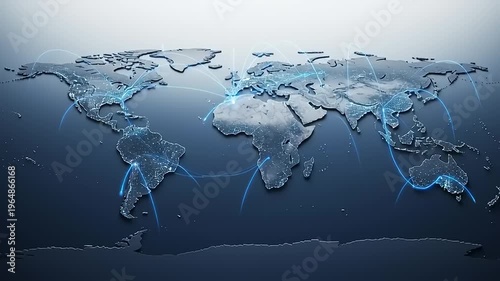 Global Network Connections Across World Map.