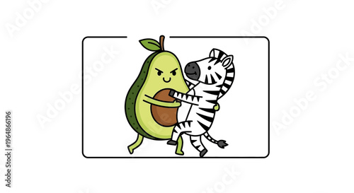 An amusing cartoon illustration of a grumpy avocado playfully wrestling with a cheerful zebra on a