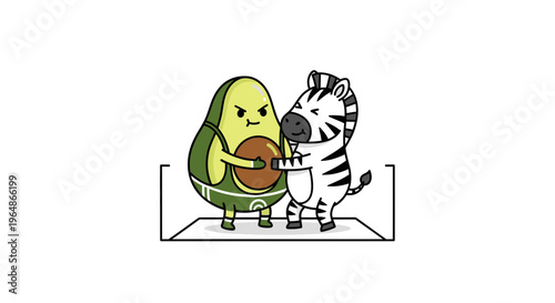 Humorous cartoon avocado and zebra characters playfully struggling over a shared brown disc object