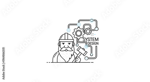 A detailed line art illustration of an experienced engineer conceptualizing complex system