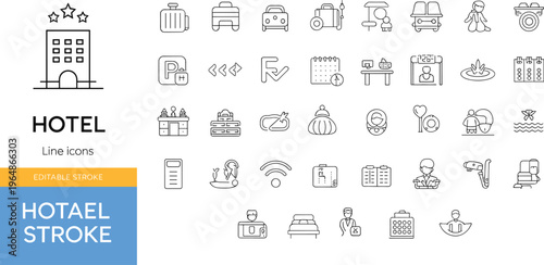 Hotel line icons set, hospitality service symbols, travel accommodation elements, editable stroke vector icons for UI design, tourism and hotel amenities collection