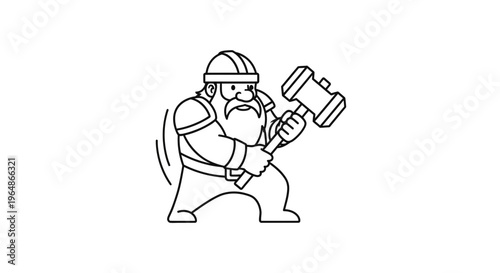 Stout bearded fantasy character in a helmet powerfully wielding a heavy hammer outline illustration