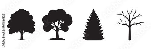 Set of four black silhouette icons representing different types of deciduous and coniferous trees