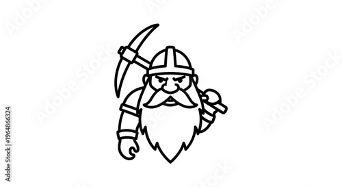 Stern bearded mining character illustration with pickaxe ready for underground work emblem