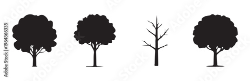 Four contrasting tree shapes including rounded bushy and bare branch silhouettes for landscape design