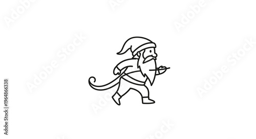 Whimsical line art illustration of a charming bearded gnome walking with a slender stick
