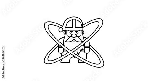 Determined bearded dwarf character with helmet and dynamic science atom emblem illustration