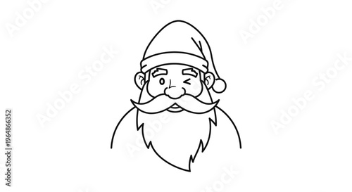 Charming line art portrait of a cheerful bearded figure in a festive hat, winking playfully