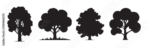 Collection of four distinct deciduous tree silhouettes showing leafy canopies and trunk bases