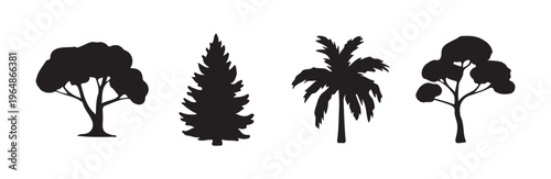 Assortment dark vector silhouettes showing different tree silhouettes for web and print projects