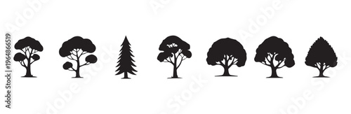 Set of various stylized tree silhouettes including deciduous and conifer shapes isolated icons