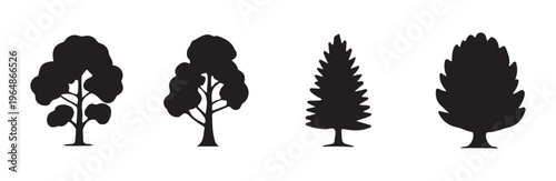 Assorted black silhouette tree graphics featuring broadleaf and needle evergreen varieties
