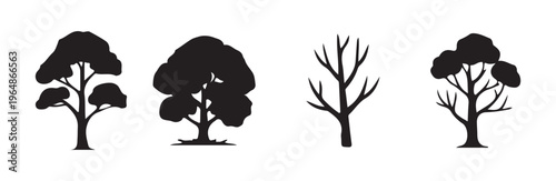 Set of four black silhouettes of different kinds of trees isolated on white background