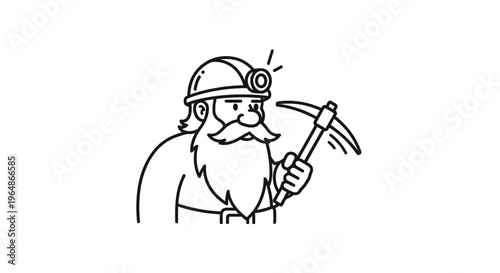 Charming black and white illustration of a diligent miner with a glowing headlamp and sturdy