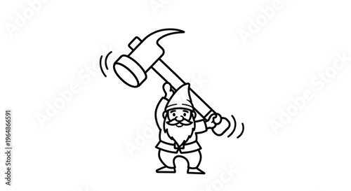 Whimsical cartoon gnome playfully brandishing an oversized hammer, poised for a constructive