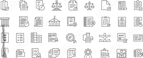 Legal documents and certification line icon set with contracts, law, audit, compliance, verification, approval and official paperwork symbols