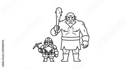 Fantasy character illustration featuring a formidable giant and a determined dwarf warrior