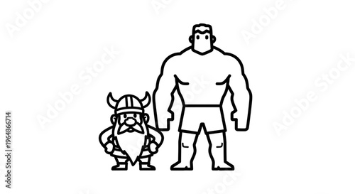 Stylized illustration contrasting a small bearded warrior character with a massive muscular hero
