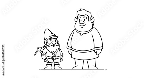 Simple black and white line art depicting a small gnome with a pickaxe beside a friendly taller man