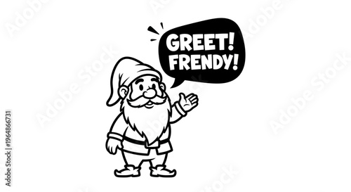 A friendly cartoon character gnome with a long beard waving a greeting message to friends