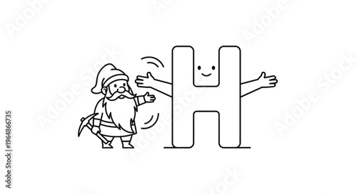 Charming cartoon dwarf character happily interacting with an anthropomorphic letter H symbol in a