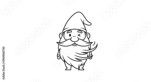 Whimsical winking garden gnome illustration with flowing beard line art sketch character design