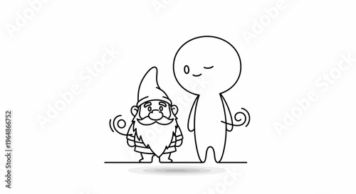 Delightful line art featuring a friendly garden gnome and a serene minimalist character standing