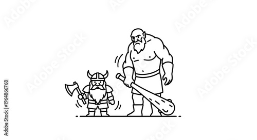 A stylized line art illustration of a fierce dwarf character confronting a massive troll warrior