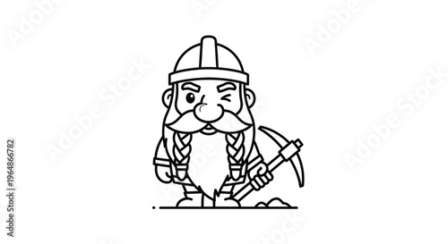 Whimsical cartoon dwarf miner with braided beard and pickaxe, a friendly winking character design