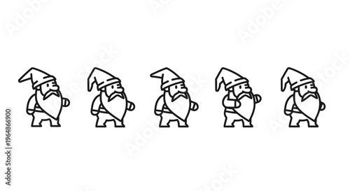 Line art illustration of five charming fantasy gnomes with pointy hats and long beards on white