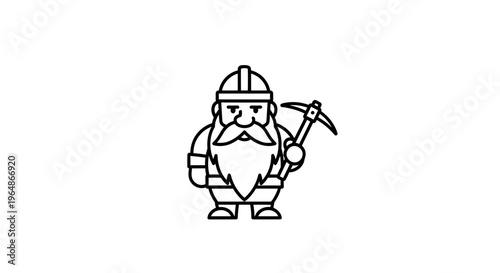 Hardworking bearded mining character with pickaxe in a simplistic line art style