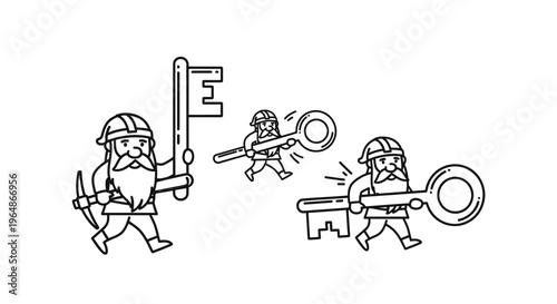 Three bearded mine workers holding oversized keys, symbolizing exploration and problem-solving