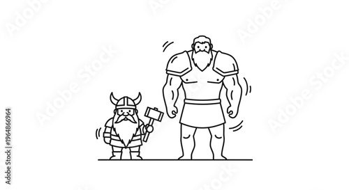 Bold outline illustration of a mighty bearded dwarf with a hammer and a towering strongman