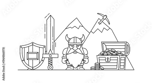 Fantasy warrior dwarf with his battle gear, pickaxe, and chest of gold coins in a mountain setting.