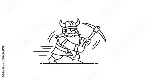 Dynamic black and white line art illustration of a cheerful horned dwarf running swiftly with a
