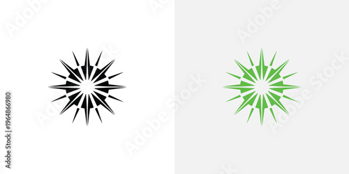 Black and green starburst on white and gray background