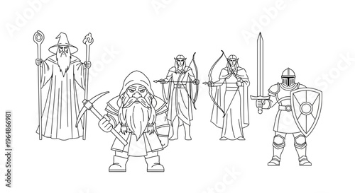 Diverse gathering of classic fantasy role-playing game characters in outline art style