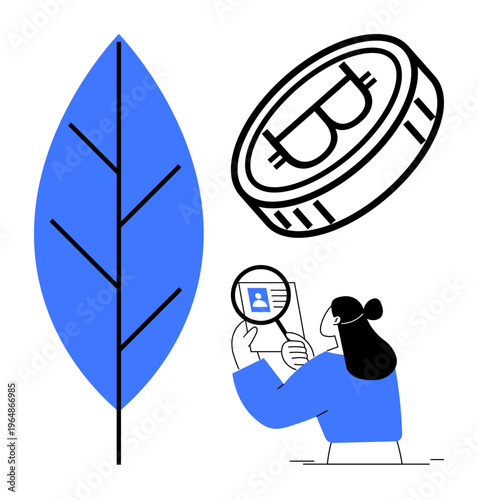 Blockchain concept. Blockchain portrayed with cryptocurrency symbols, eco-friendly imagery, and ID verification elements. Blockchain enables secure transactions and sustainability. For fintech