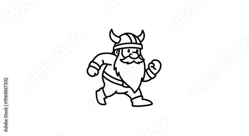 Dynamic Horned Helmet Character Stride Whimsical Line Art Illustration Minimalist Cartoon Figure