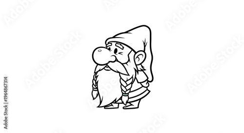 Black and white cartoon illustration of a grumpy fantasy dwarf character with braided beard and