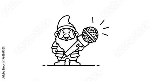 A charming line art illustration of a garden gnome holding a microphone ready to entertain an