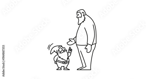 Disparity in dialogue: a tiny bearded character converses with a large man demonstrating size