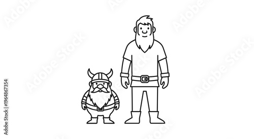Charming line art of a small, stout horned fantasy creature alongside a tall, bearded adventurer