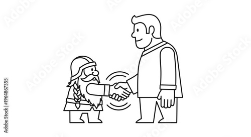 A friendly handshake between a small bearded character and a taller man symbolizing agreement