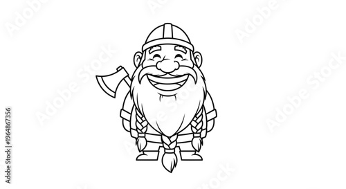 Jovial bearded fantasy character with helmet and axe in cheerful cartoon outline style