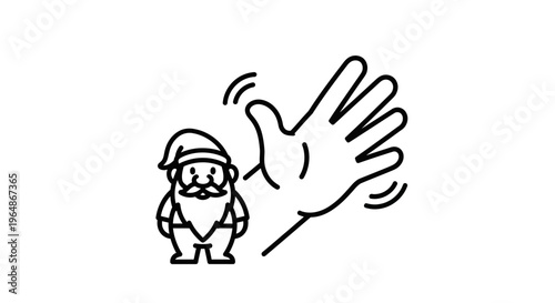Charming minimalist line art illustration depicting a cheerful bearded gnome next to a friendly